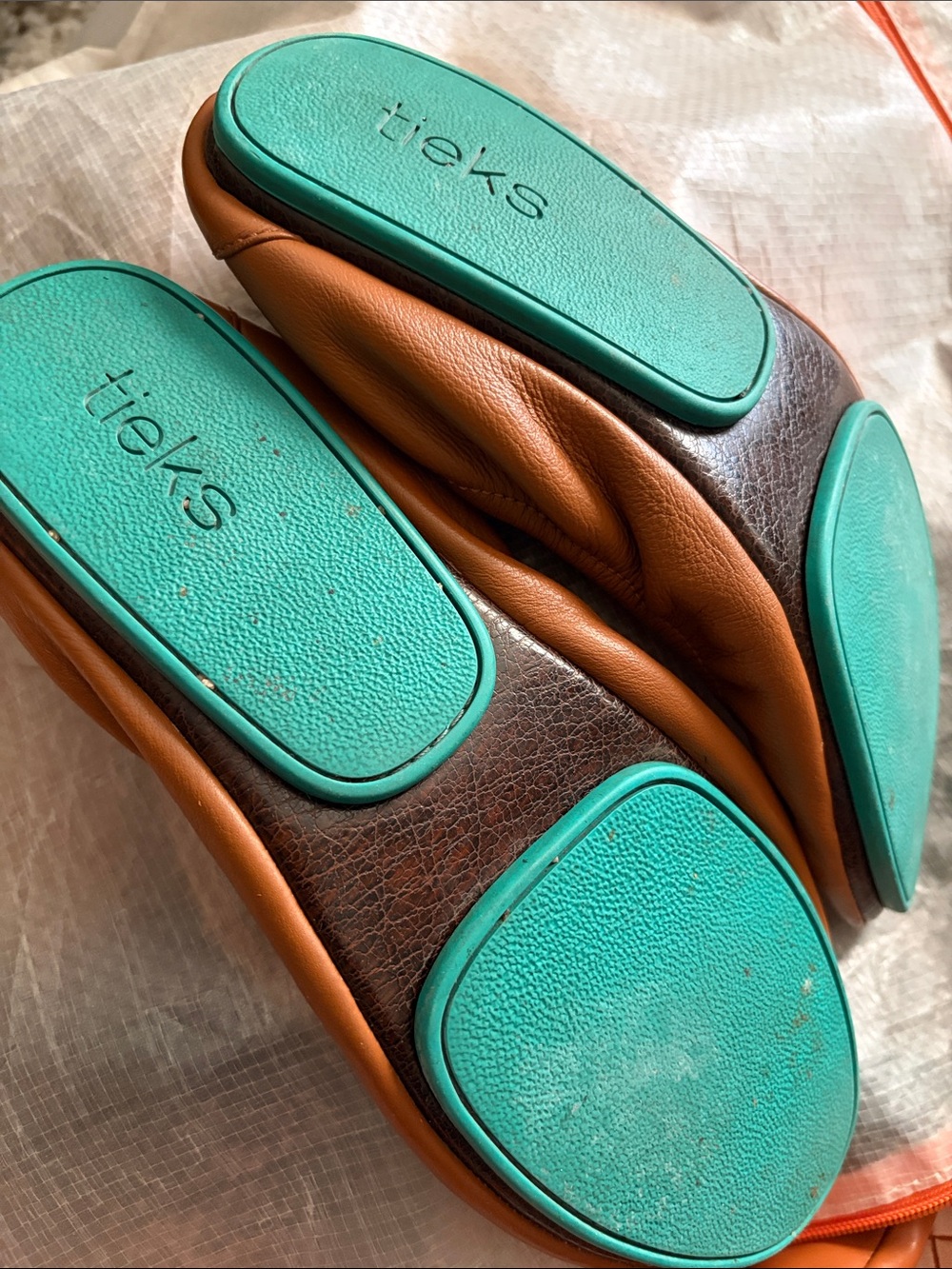 Tieks Brown Leather Ballet Flats with Teal Heel Tab - Picture 3 of 3